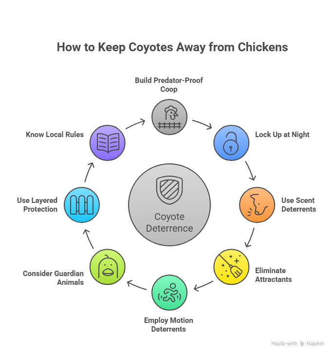 The image describes how to keep coyotes away from chickens