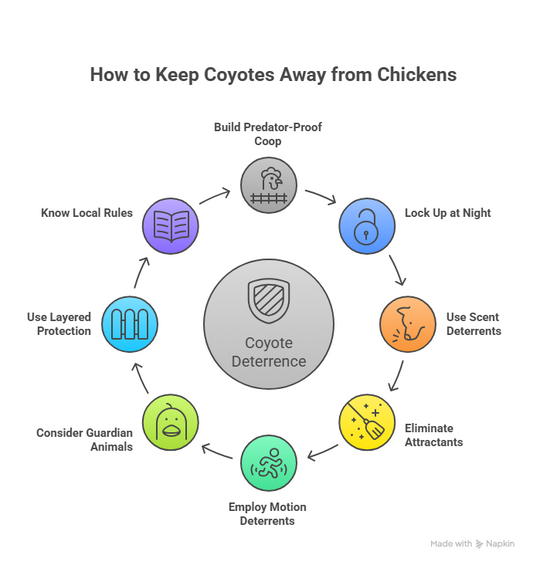 The image describes how to keep coyotes away from chickens