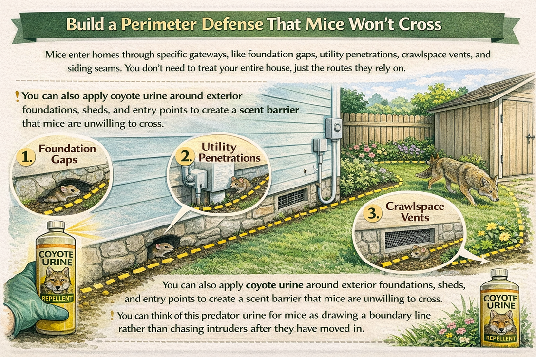 An image titled "Build a Perimeter Defense That Mice Won’t Cross," which explains how to use predator urine for mice to create a scent barrier. 