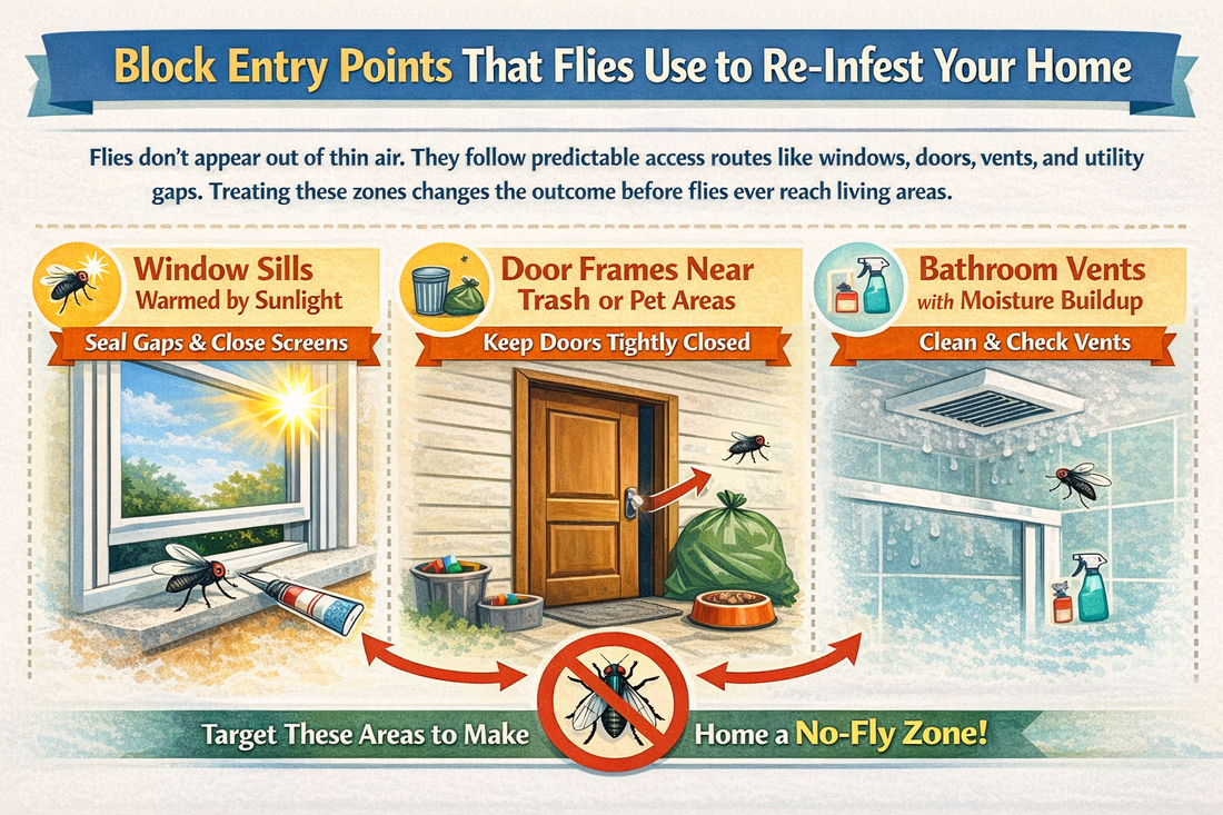 An image titled "Block Entry Points That Flies Use to Re-Infest Your Home," which illustrates how to get rid of flies in the house by sealing window sills, keeping doors near trash or pet areas closed, and cleaning moisture-prone bathroom vents.