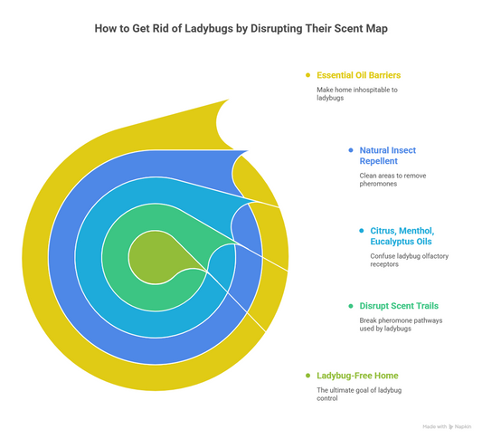 An infographic titled "How to Get Rid of Ladybugs by Disrupting Their Scent Map" features a colorful, swirling spiral graphic that outlines a natural strategy by targeting their olfactory senses. 