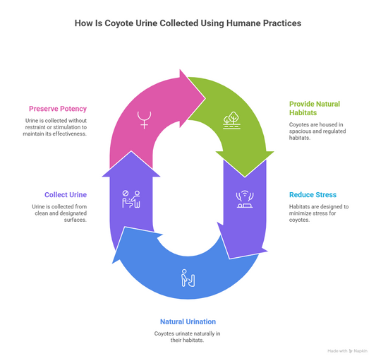 An infographic titled "How Is Coyote Urine Collected Using Humane Practices" uses a circular flow of five arrows to outline the ethical process of harvesting predator scents. 