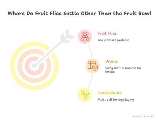 An infographic titled "Where Do Fruit Flies Settle Other Than the Fruit Bowl" uses a target and arrow graphic to illustrate common breeding grounds and explain how to get rid of fruit flies in house by targeting specific areas. 