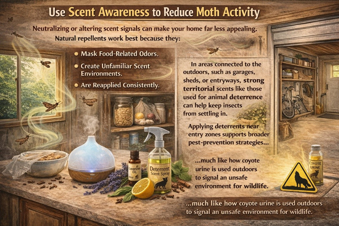 An image titled "Use Scent Awareness to Reduce Moth Activity," which addresses pest prevention by masking the smells of what do moths eat. 