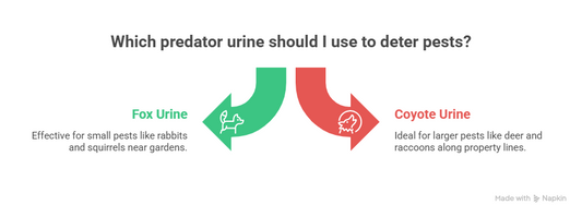 An infographic titled "Which predator urine should I use to deter pests?" features two diverging arrows to help users decide between fox or coyote urine based on their specific pest problems.