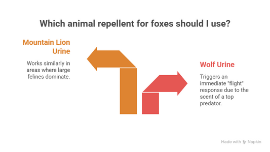 An infographic titled "Which animal repellent for foxes should I use?" presents two predator-based options through diverging orange and red arrows to guide homeowners on their selection. 
