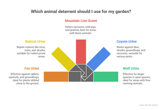 An infographic titled "Which animal deterrent should I use for my garden?" featuring a colorful fan chart that matches different predator scents to specific garden pests. It describes the uses for fox, bobcat, mountain lion, coyote