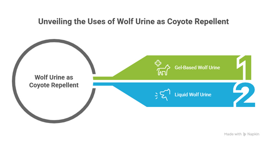 A diagram titled "Unveiling the Uses of Wolf Urine as Coyote Repellent" shows that wolf urine coyote repellent comes in two forms: gel-based wolf urine and liquid wolf urine.