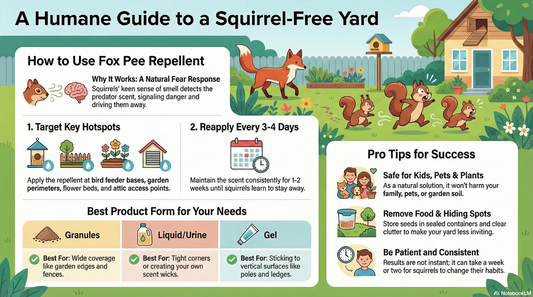 This image discusses how fox pee for squirrels works, along with sharing the best products and tips for maximum effectiveness.