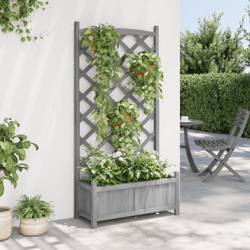 vidaXL Planter with Trellis Gray Solid Wood Fir-1