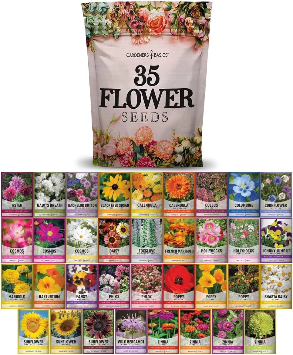 Flower Seeds Packets - 35 Varieties for Planting - Perennial & Annual - Wildflowers, Herbs, Vegetables - Seed Mix Collection