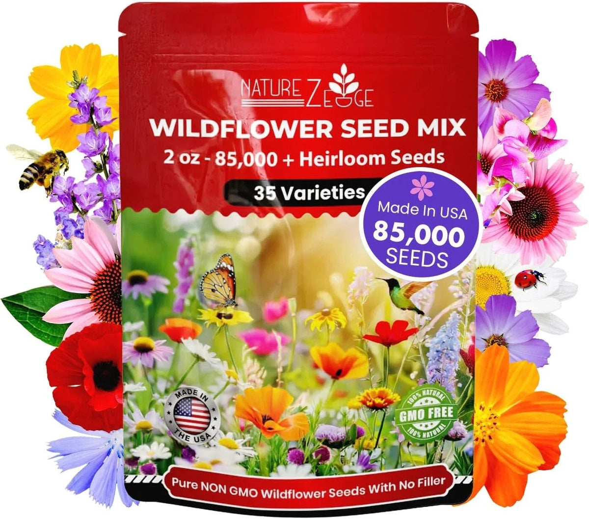 Wildflower Seeds Bulk Pack, 85,000 Seeds, 35 Varieties, Annual and Perennial Mix, Native Wildflowers
