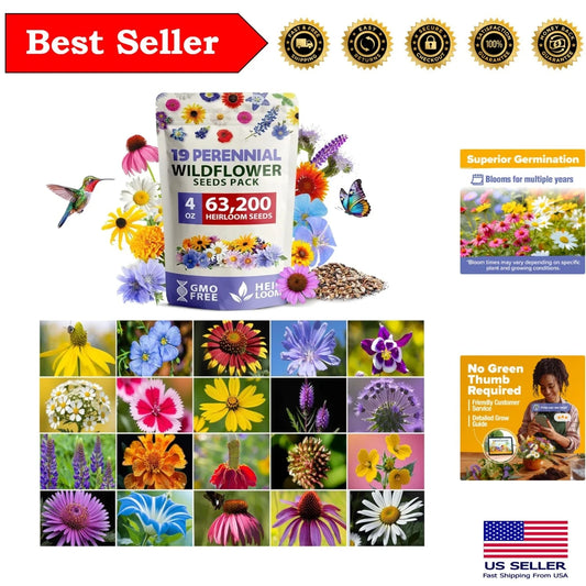 Wildflower Seeds 4oz Non-GMO Perennial Mix for Pollinators - 19 Varieties, Attract Bees & Butterflies, Eco-Friendly