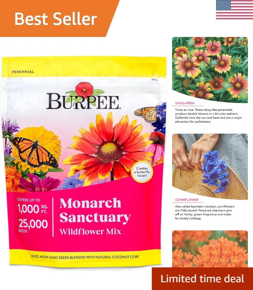Wildflower Seed Mix - 25,000 Non-GMO Seeds - Monarch Sanctuary for Butterfly Gardens - Pollinator-Friendly Mix