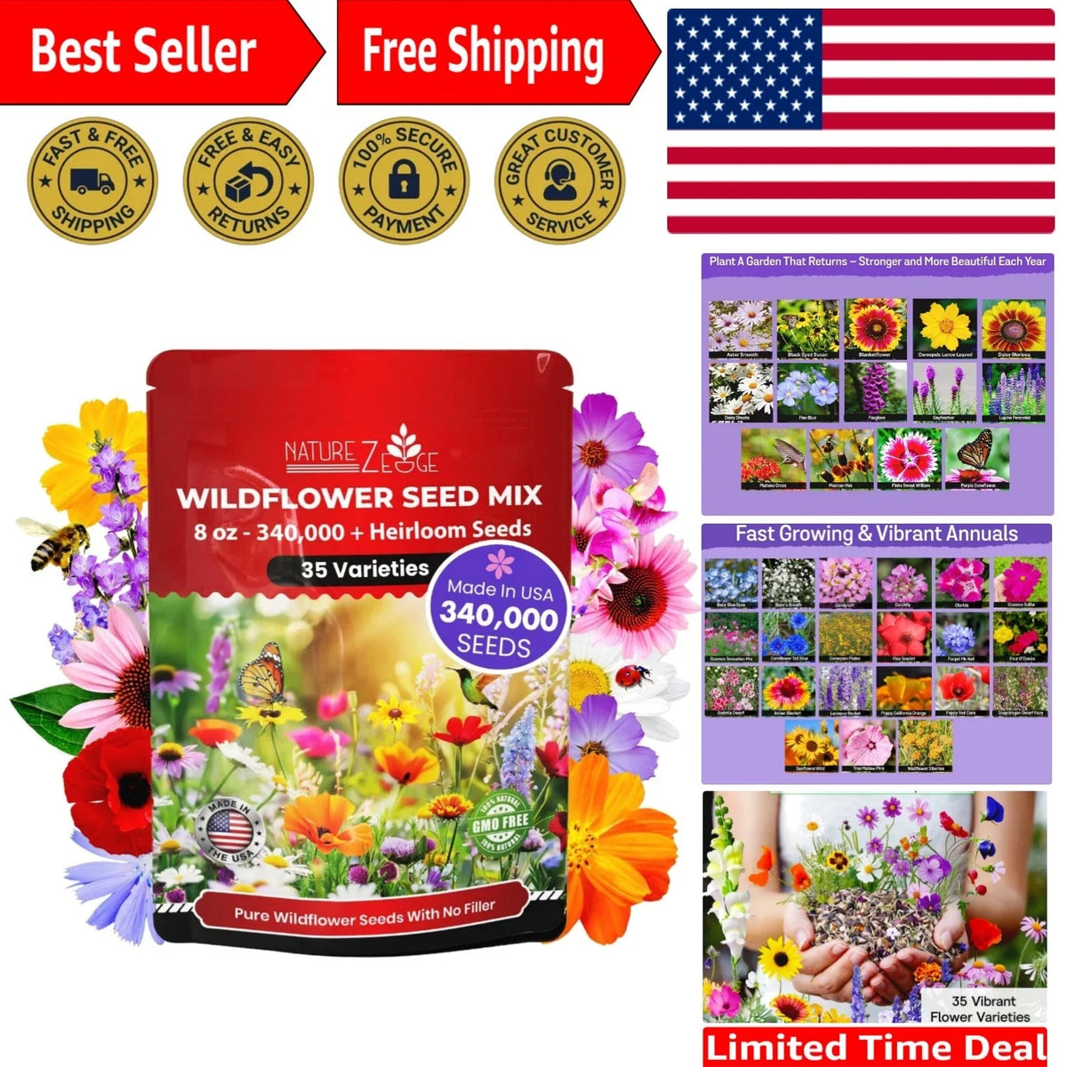 Spring Blooming Wildflower Mix - 1/2 lb Non-GMO Seeds for Stunning Outdoor Spaces